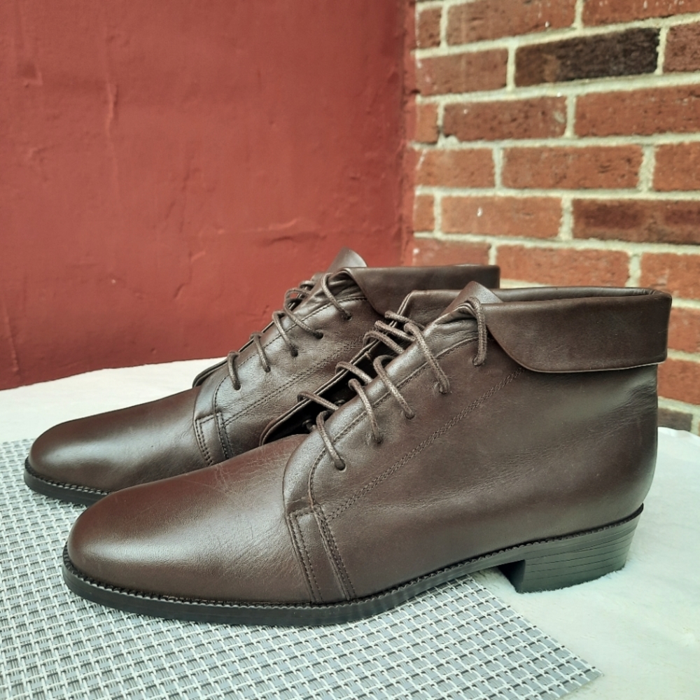 Vintage Y2K Lace Up Leather Fold Down Cuff Granny Bootie Ankle Boots Brown 9.5